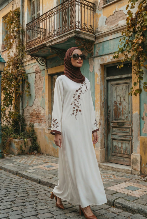 Cream Embroidery Abaya | Serene Threads