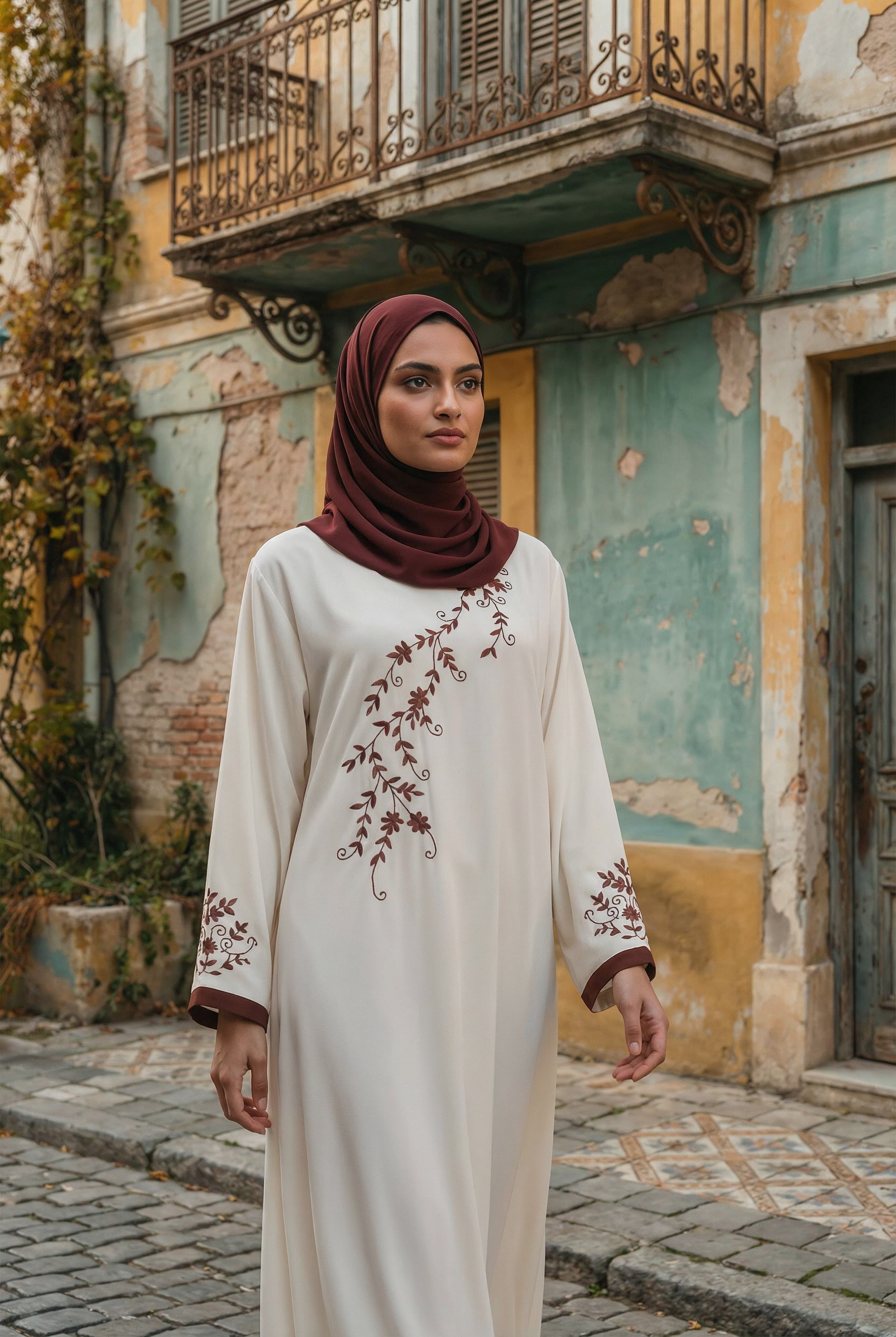 Cream Embroidery Abaya | Serene Threads